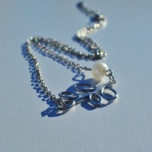 Leafy FA Pearl Ball Charm on Chain Choker Necklace Silver Lobster Clasp - Picture 2 of 11